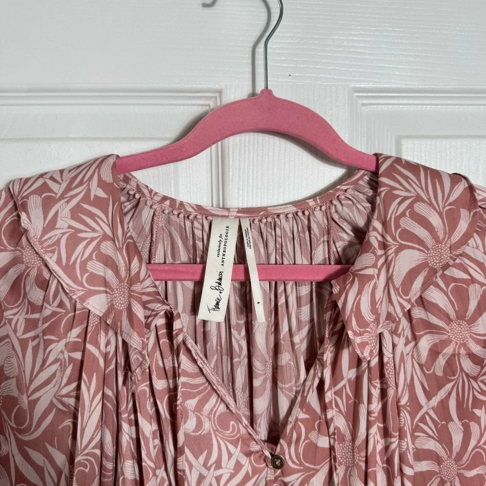 Anthropologie Pink Floral Boho Blouse Size SM Ruffle Tie Neck Peasant - Picture 7 of 13
